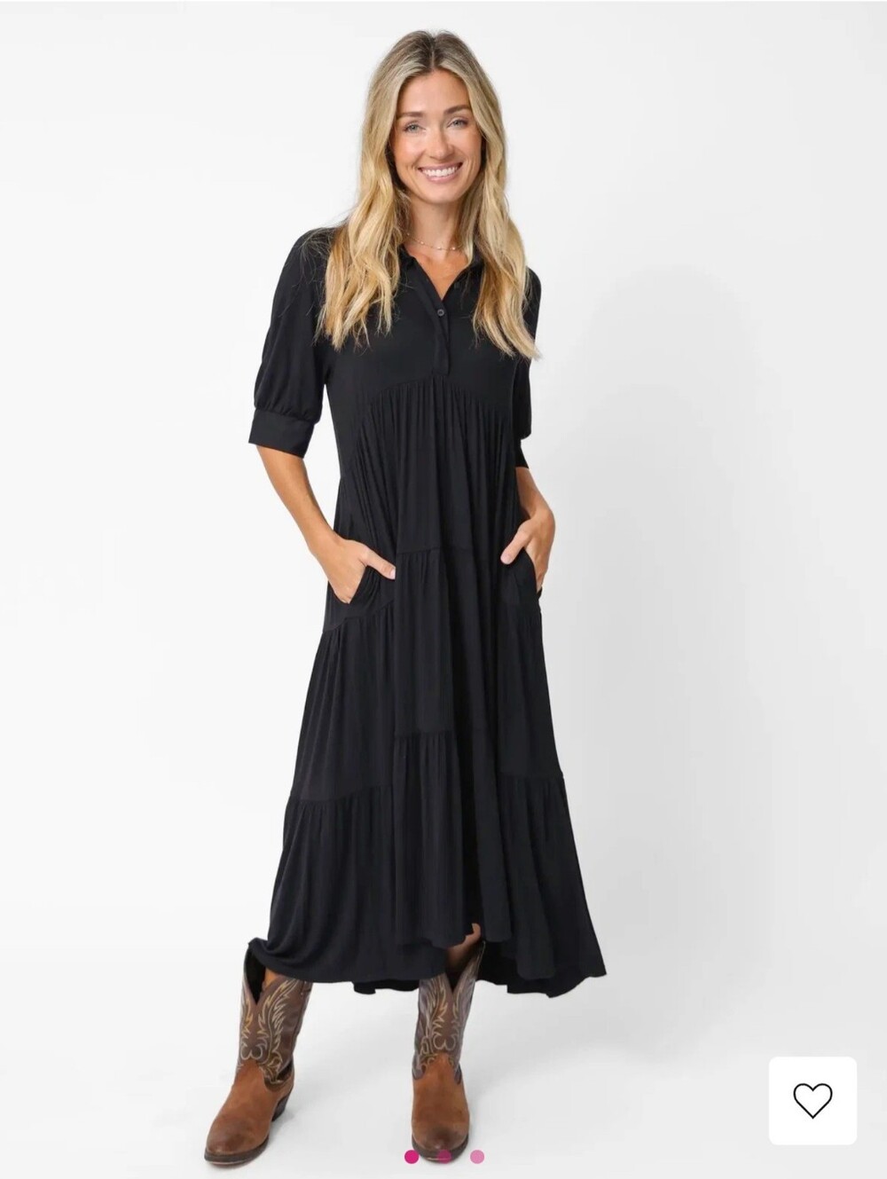 NATURAL LIFE Black Buttersoft Tiered Collared Midi Dress